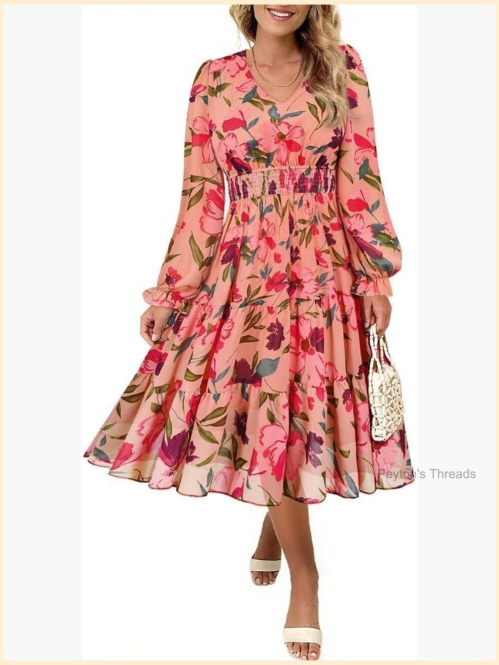 Plus Size Maxi Floral Dress Long Sleeve V Neck Empire Waist Chiffon A-Line